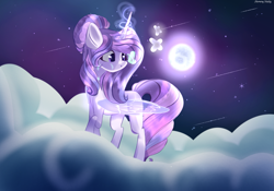 Size: 2881x2017 | Tagged: safe, artist:harmonyvitality-yt, imported from derpibooru, oc, oc only, butterfly, pony, cloud, female, full moon, glowing, glowing horn, horn, magic, mare, moon, night, on a cloud, palindrome get, shooting star, solo, stars, telekinesis