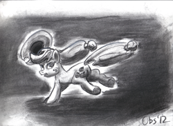 Size: 3482x2543 | Tagged: safe, artist:obsequiosity, imported from derpibooru, applejack, earth pony, pony, bucking, female, grayscale, monochrome, solo, traditional art