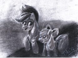 Size: 3039x2251 | Tagged: safe, artist:obsequiosity, imported from derpibooru, apple bloom, applejack, earth pony, pony, duo, female, grayscale, monochrome, traditional art