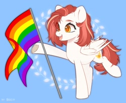 Size: 1934x1572 | Tagged: safe, artist:shelti, imported from derpibooru, oc, oc only, pegasus, pony, art trade, blue background, colored pupils, female, flag, folded wings, gay pride flag, hoof heart, mare, open mouth, pride, pride flag, raised hoof, raised leg, simple background, underhoof, wings