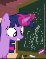 Size: 257x330 | Tagged: safe, imported from derpibooru, screencap, princess celestia, twilight sparkle, alicorn, testing testing 1-2-3, chalk, chalk drawing, chalkboard, cropped, glowing, glowing horn, golden oaks library, horn, traditional art, twilight sparkle (alicorn)