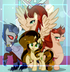 Size: 1192x1227 | Tagged: safe, artist:harmonyvitality-yt, imported from derpibooru, oc, oc only, alicorn, classical hippogriff, hippogriff, pegasus, pony, alicorn oc, base used, female, grin, group, horn, male, mare, mask, raised hoof, scar, smiling, spread wings, stallion, wings