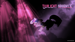Size: 1920x1080 | Tagged: safe, artist:hsldoperator, artist:nsaiuvqart, edit, imported from derpibooru, twilight sparkle, pony, unicorn, birthday dress, clothes, cloud, dancing, do the sparkle, dress, eyes closed, female, happy, lighting, mare, name, open mouth, open smile, raised leg, smiling, solo, stars, unicorn twilight, wallpaper, wallpaper edit, watermark