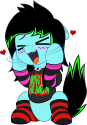 Size: 3490x5000 | Tagged: safe, artist:jhayarr23, imported from derpibooru, oc, oc only, oc:scene chick, earth pony, arm warmers, blushing, bring me the horizon, clothes, commission, dyed mane, dyed tail, eyes closed, female, heart, jewelry, lip piercing, mare, necklace, nose piercing, open mouth, piercing, shirt, simple background, sitting, snake bites, socks, solo, striped socks, t-shirt, tail, transparent background, ych result