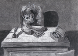 Size: 1101x800 | Tagged: safe, artist:obsequiosity, imported from derpibooru, diamond tiara, earth pony, pony, desk, female, grayscale, monochrome, solo