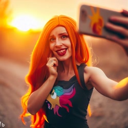 Size: 1024x1024 | Tagged: safe, imported from derpibooru, sunset shimmer, human, machine learning generated, phone, selfie