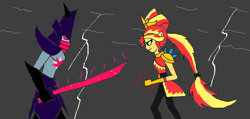 Size: 1293x618 | Tagged: safe, artist:syfyman2xxx, imported from derpibooru, sunset shimmer, twilight sparkle, equestria girls, fight, samurai