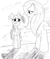 Size: 828x966 | Tagged: safe, artist:fez4, imported from derpibooru, fluttershy, twilight sparkle, pony, aircraft, city, cloud, female, giant pony, giga giant, glow, glowing horn, grayscale, horn, looking at each other, looking at someone, macro, macro/micro, mare, micro, monochrome, nervous, shadow, sweat, sweatdrop
