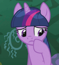 Size: 490x540 | Tagged: safe, imported from derpibooru, screencap, twilight sparkle, pony, unicorn, magic duel, season 3, animated, cropped, dripping, everfree forest, female, gif, mare, mushroom, pondering, solo, talking, thorn, tree, unicorn twilight, vine, wet, wet mane