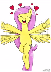 Size: 2467x3477 | Tagged: safe, artist:killerteddybear94, imported from derpibooru, fluttershy, pegasus, pony, cute, daaaaaaaaaaaw, eyes closed, female, fluttershy day, flying, heart, mare, open mouth, ponytail, shyabetes, simple background, smiling, solo, traditional art, underhoof, white background