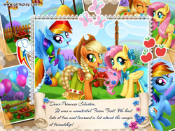 Size: 800x600 | Tagged: safe, artist:user15432, imported from derpibooru, applejack, fluttershy, rainbow dash, earth pony, pegasus, pony, balloon, basket, clothes, cowboy hat, cutie mark, dress, dressup game, enjoy dressup, eyes closed, farm, festival, flag, flag pole, flower, flower in hair, food, gala dress, girlsplay, hairstyle, hat, hay, jewelry, looking at you, necklace, open mouth, open smile, pepper, ponytail, pumpkin, shoes, smiling, smiling at you, straw