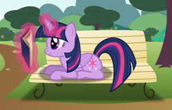 Size: 907x585 | Tagged: safe, artist:mattbas, imported from derpibooru, twilight sparkle, alicorn, pony, .svg available, bench, book, female, glow, glowing horn, horn, levitation, lying down, magic, mare, prone, reading, smiling, solo, svg, telekinesis, twilight sparkle (alicorn), vector