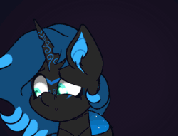 Size: 1413x1080 | Tagged: safe, artist:theotherpony, imported from derpibooru, oc, oc only, oc:sinari, changeling, changeling queen, animated, blue changeling, blushing, commission, cute, facial markings, female, fourth wall, gif, kissing, kissing the screen, looking at you, looking away, loop, mare, perfect loop, simple background, smiling, smiling at you, solo, ych result