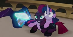 Size: 586x296 | Tagged: safe, imported from derpibooru, screencap, tempest shadow, twilight sparkle, alicorn, my little pony: the movie, broken horn, horn, staff, staff of sacanas, twilight sparkle (alicorn)