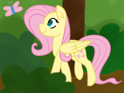 Size: 400x300 | Tagged: safe, artist:fluttershydaily, imported from derpibooru, fluttershy, butterfly, dirt road, forest, road, smiling, tree, walking