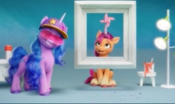 Size: 505x301 | Tagged: safe, imported from derpibooru, screencap, izzy moonbow, sunny starscout, earth pony, pony, unicorn, spoiler:my little pony: a new generation, baseball cap, cap, coat markings, cute, disguise, duo, duo female, fake horn, female, fit right in (g5), g5, grin, happy, hat, izzy the rapper, looking at something, looking up, mare, my little pony: a new generation, open mouth, open smile, paint bucket, pinwheel (toy), shutter shades, smiling, socks (coat markings), spotlight, sunglasses, sunnybetes