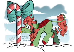 Size: 4093x2894 | Tagged: safe, artist:julunis14, imported from derpibooru, oc, oc only, oc:spring glow, kirin, candy, candy cane, cloven hooves, commission, female, food, kirin oc, mare, signature, snow, solo, stuck, tongue out, tongue stuck to pole, ych result