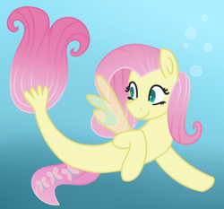 Size: 400x373 | Tagged: safe, artist:fluttershydaily, imported from derpibooru, fluttershy, pegasus, seapony (g4), blue background, bubble, digital art, dorsal fin, female, fin, fin wings, fins, fish tail, flowing mane, flowing tail, green eyes, mare, ocean, pink mane, pink tail, seaponified, seapony fluttershy, simple background, smiling, solo, species swap, swimming, tail, underwater, water, wings