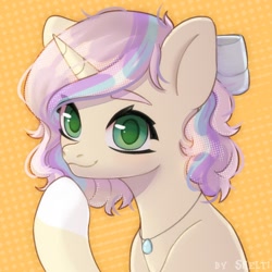 Size: 1000x1000 | Tagged: safe, artist:shelti, imported from derpibooru, oc, oc only, pony, unicorn, bow, bust, colored pupils, commission, hair bow, happy, horn, jewelry, looking at you, necklace, raised hoof, simple background, smiling, solo, yellow background