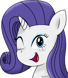 Size: 1024x1170 | Tagged: safe, artist:sarahstudios11, imported from derpibooru, rarity, pony, unicorn, bust, female, mare, one eye closed, portrait, simple background, smiling, solo, wink