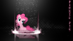 Size: 1920x1080 | Tagged: safe, artist:forgotten5p1rit, artist:unrealtoast, edit, imported from derpibooru, pinkie pie, earth pony, pony, abstract background, female, hexagon, looking up, mare, name, smiling, solo, sparkles, wallpaper, wallpaper edit