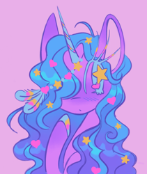 Size: 1280x1518 | Tagged: safe, artist:webkinzworldz, imported from derpibooru, izzy moonbow, pony, unicorn, feather, g5, hair accessory, simple background, solo