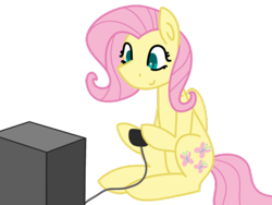 Size: 400x300 | Tagged: safe, artist:fluttershydaily, imported from derpibooru, fluttershy, controller, gamershy, simple background, sitting, smiling, television, transparent background
