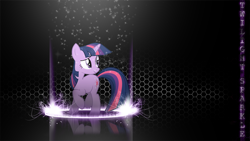Size: 1920x1080 | Tagged: safe, artist:ancientkale, artist:forgotten5p1rit, edit, imported from derpibooru, twilight sparkle, pony, unicorn, abstract background, female, hexagon, looking sideways, mare, name, raised hoof, smiling, solo, sparkles, unicorn twilight, wallpaper, wallpaper edit