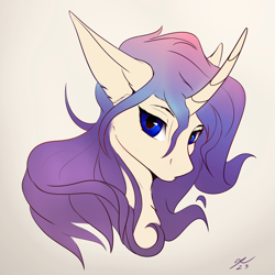 Size: 2300x2300 | Tagged: safe, artist:tenebrisnoctus, imported from derpibooru, pony, unicorn, bust, curved horn, ear fluff, female, horn, looking at you, purple hair, signature, simple background, solo