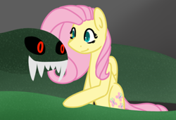 Size: 400x274 | Tagged: safe, artist:fluttershydaily, imported from derpibooru, fluttershy, grass, monster, petting, smiling, swamp