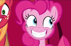 Size: 611x398 | Tagged: safe, imported from derpibooru, screencap, big macintosh, pinkie pie, earth pony, pony, pinkie apple pie, female, male, mare, smiling, stallion, toothy grin