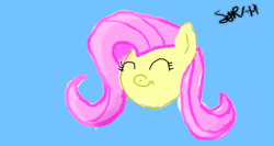 Size: 920x490 | Tagged: safe, artist:sarahstudios11, imported from derpibooru, fluttershy, pegasus, pony, bust, deviantart muro, eyes closed, female, head, mare, simple background, smiling, solo, teal background