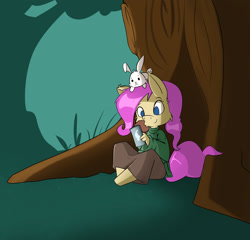 Size: 2054x1975 | Tagged: safe, artist:parassaux, imported from derpibooru, angel bunny, fluttershy, anthro, pegasus, unguligrade anthro, clothes, skirt, solo, sweater, sweatershy, tree, turtleneck