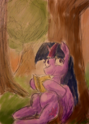 Size: 690x961 | Tagged: safe, artist:obsequiosity, imported from derpibooru, twilight sparkle, alicorn, pony, book, female, nature, reading, solo, tree, twilight sparkle (alicorn)