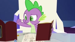 Size: 1280x720 | Tagged: safe, imported from derpibooru, screencap, spike, dungeons and discords, book, cutie map, dice, dungeons and dragons, pen and paper rpg, pencil, rpg, solo, twilight's castle