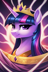 Size: 2048x3072 | Tagged: safe, editor:montaraz13, imported from derpibooru, prompter:montaraz13, twilight sparkle, alicorn, pony, unicorn, abstract background, ai assisted, ai content, bust, crown, female, generator:novelai, generator:stable diffusion, jewelry, looking at you, portrait, queen twilight, regal, regalia, ruler, smiling, smiling at you, solo, twilight sparkle (alicorn)