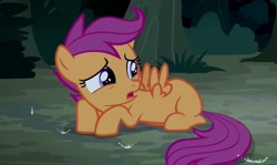 Size: 677x403 | Tagged: safe, imported from derpibooru, screencap, scootaloo, pegasus, pony, appleoosa's most wanted, rain, scared