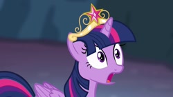 Size: 1280x720 | Tagged: safe, imported from derpibooru, screencap, twilight sparkle, alicorn, big crown thingy, crown, element of magic, episode needed, jewelry, open mouth, regalia, shocked, shocked expression, solo, twilight sparkle (alicorn)