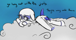 Size: 748x396 | Tagged: safe, imported from derpibooru, oc, oc only, oc:air liner, original species, plane pony, blue background, blue eyes, cloud, colored, crying, looking at you, lying down, lying on a cloud, on a cloud, plane, prone, simple background, solo, talking, talking to viewer, teary eyes