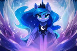 Size: 3072x2048 | Tagged: safe, editor:montaraz13, imported from derpibooru, prompter:montaraz13, princess luna, alicorn, pony, abstract background, ai assisted, ai content, crown, crystal, female, front view, generator:novelai, generator:stable diffusion, jewelry, looking at you, regalia, smiling, smiling at you, solo