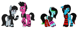 Size: 3382x1259 | Tagged: safe, artist:dyonys, imported from derpibooru, oc, oc only, oc:emo lad, oc:goth lass, oc:punk dude, oc:scene chick, earth pony, pony, brother and sister, clothes, colored hooves, dyed mane, dyed tail, ear piercing, earring, emo, eyes closed, family, female, goth, group, husband and wife, jacket, jewelry, lip piercing, male, mare, nose piercing, open mouth, piercing, punk, raised hoof, scene, siblings, simple background, socks, stallion, standing, striped socks, tail, white background