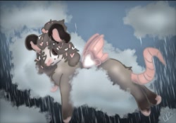 Size: 719x499 | Tagged: safe, artist:depressed_bean_17, imported from derpibooru, oc, oc only, hybrid, opossum, pony, cloud, on a cloud, rain, solo