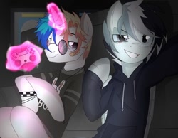 Size: 718x557 | Tagged: artist needed, safe, imported from derpibooru, oc, oc only, pegasus, pony, bandaid, bracelet, clothes, controller, couch, duo, duo male, folded wings, glasses, glowing, glowing horn, hoodie, horn, indoors, jewelry, lidded eyes, long sleeves, magic, magic aura, male, necklace, raised hoof, sitting, stallion, wings, wristband