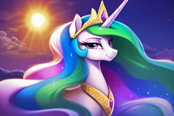 Size: 3072x2048 | Tagged: safe, editor:montaraz13, imported from derpibooru, prompter:montaraz13, princess celestia, alicorn, pony, ai content, ai generated, beautiful, bust, crown, female, generator:novelai, generator:stable diffusion, jewelry, lidded eyes, long mane, looking at you, portrait, regal, regalia, smiling, smiling at you, solo, sun