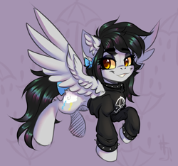 Size: 1244x1165 | Tagged: safe, artist:falafeljake, imported from derpibooru, oc, oc only, oc:lightning dee, pegasus, pony, bow, bring me the horizon, choker, clothes, colored sclera, commission, ear fluff, female, hoodie, mare, raised hoof, solo, spiked choker, spiked wristband, spread wings, tail, tail bow, wings, wristband