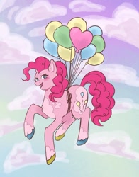 Size: 701x893 | Tagged: safe, artist:goblin, imported from derpibooru, pinkie pie, earth pony, pony, balloon, coat markings, dappled, female, floating, mare, solo, then watch her balloons lift her up to the sky