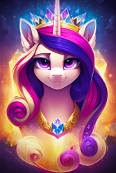 Size: 2048x3072 | Tagged: safe, editor:montaraz13, imported from derpibooru, prompter:montaraz13, princess cadance, alicorn, pony, ai content, ai generated, bust, crown, ear fluff, female, front view, generator:novelai, generator:stable diffusion, jewelry, lidded eyes, looking at you, portrait, regalia, smiling, solo