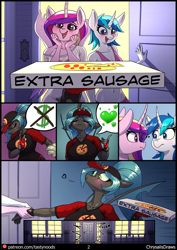 Size: 848x1200 | Tagged: safe, artist:chrysalisdraws, imported from derpibooru, princess cadance, queen chrysalis, shining armor, alicorn, anthro, unicorn, comic:pizza delivery, ..., belly button, blushing, breasts, busty queen chrysalis, chrysarmordance, clothes, comic, door, door slam, drake, eye clipping through hair, eyebrows, eyebrows visible through hair, female, fingerless gloves, food, gleaming shield, gloves, hat, hotline bling, implied sex, lesbian, meme, money, pictogram, pizza, pizza box, pizza delivery, polyamory, rule 63, shipping, speech bubble, wall of tags