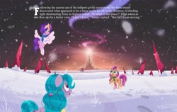 Size: 4096x2591 | Tagged: safe, artist:bearmation, imported from derpibooru, izzy moonbow, pipp petals, sunny starscout, earth pony, pegasus, pony, unicorn, aurora borealis, clothes, crystal, crystal empire, flying, g5, hoofprints, scarf, snow, snowfall, spread wings, story included, text, wings
