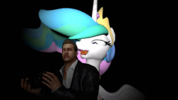 Size: 1192x670 | Tagged: safe, imported from derpibooru, princess celestia, alicorn, human, pony, 3d, black background, camera, crossover, dead rising, duo, frank west, gmod, simple background